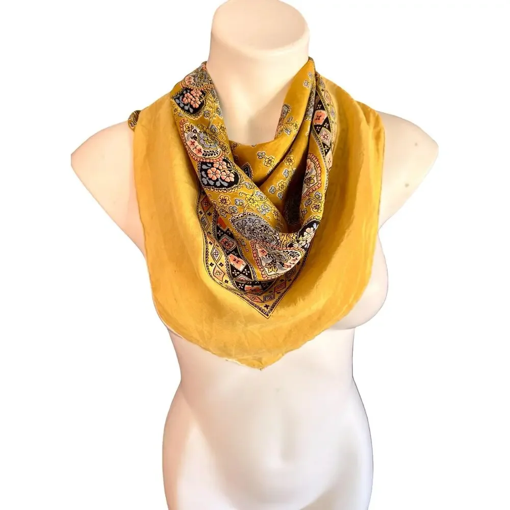 Vintage 1970s Silk Paisley Medallion Scarf Mustard Gold Floral Rolled 30